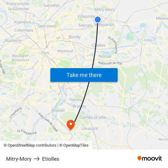 Mitry-Mory to Etiolles map