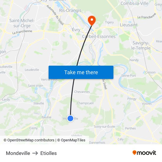 Mondeville to Etiolles map
