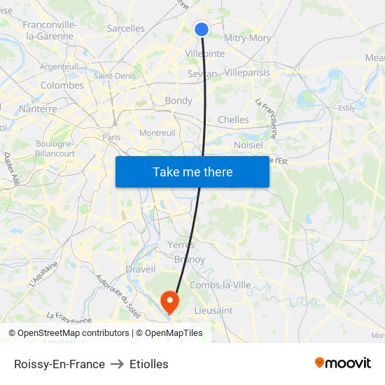 Roissy-En-France to Etiolles map