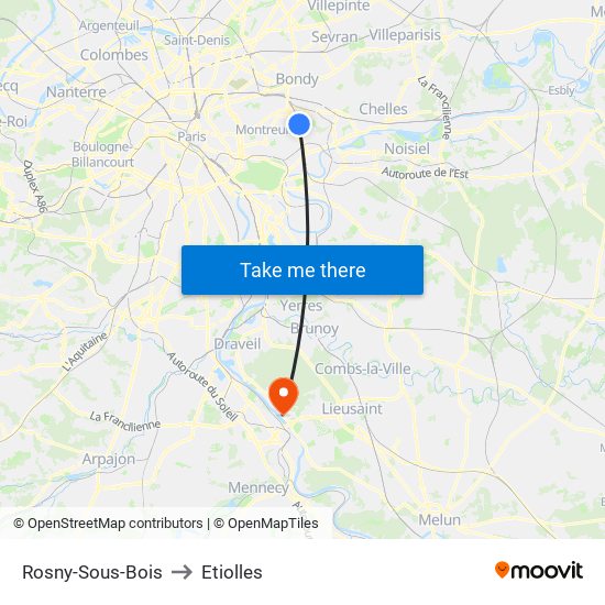 Rosny-Sous-Bois to Etiolles map