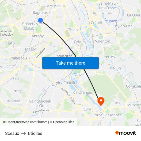 Sceaux to Etiolles map