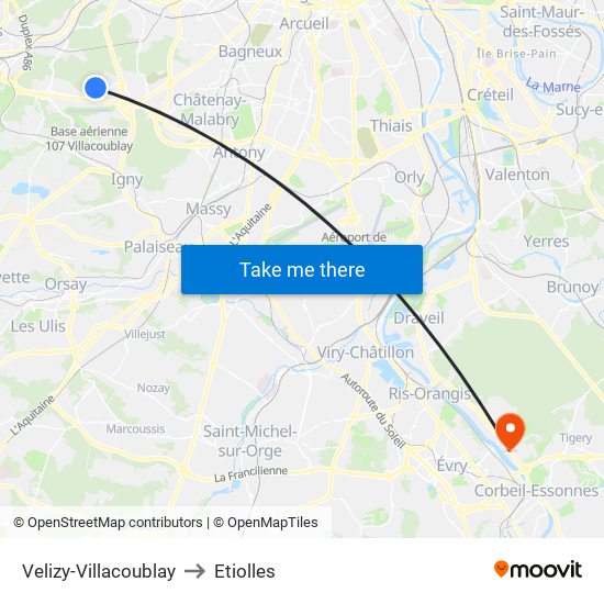 Velizy-Villacoublay to Etiolles map