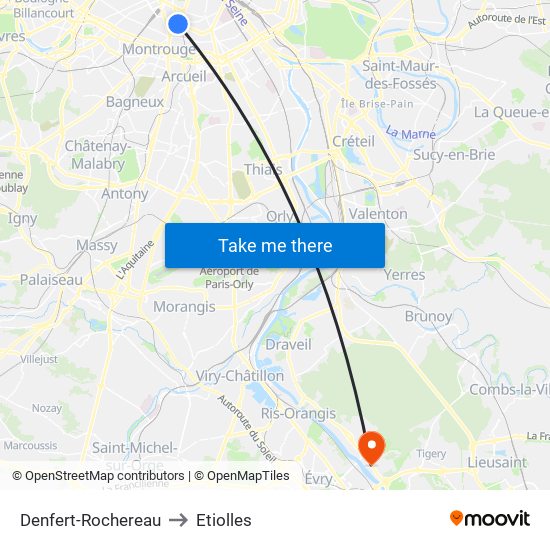 Denfert-Rochereau to Etiolles map