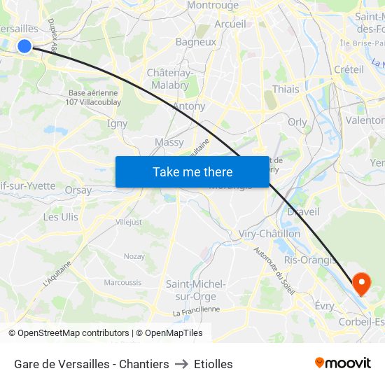 Gare de Versailles - Chantiers to Etiolles map