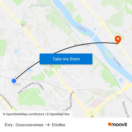 Évry - Courcouronnes to Etiolles map