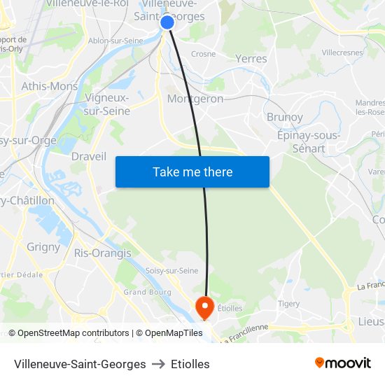 Villeneuve-Saint-Georges to Etiolles map