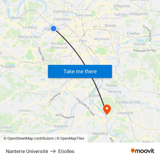 Nanterre Université to Etiolles map