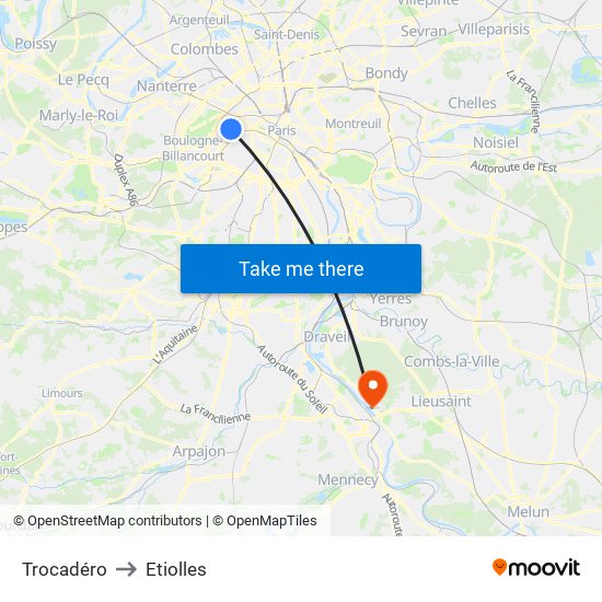 Trocadéro to Etiolles map