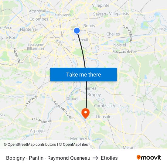 Bobigny - Pantin - Raymond Queneau to Etiolles map