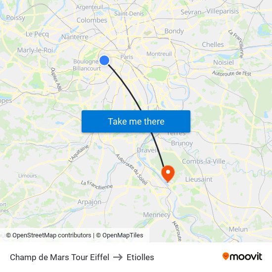 Champ de Mars Tour Eiffel to Etiolles map