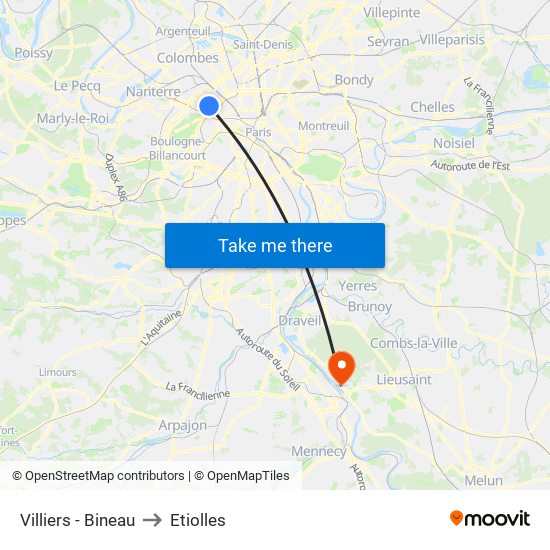 Villiers - Bineau to Etiolles map