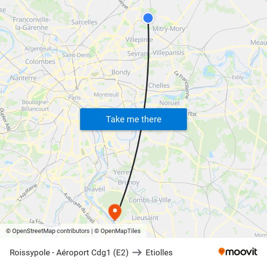 Roissypole - Aéroport Cdg1 (E2) to Etiolles map