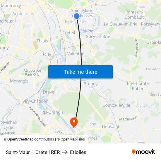 Saint-Maur – Créteil RER to Etiolles map