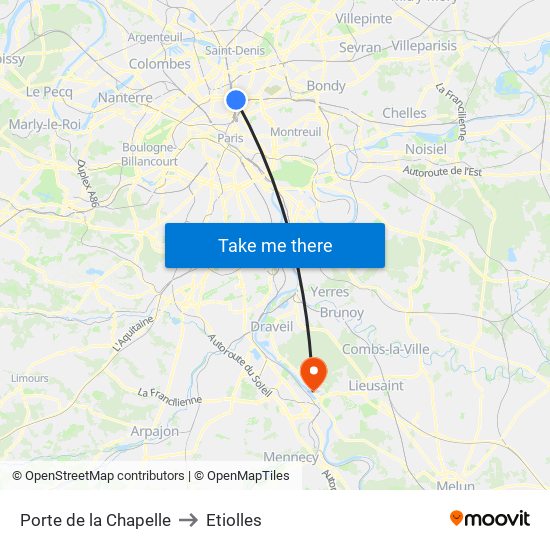 Porte de la Chapelle to Etiolles map