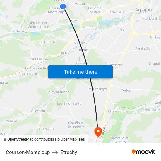Courson-Monteloup to Etrechy map