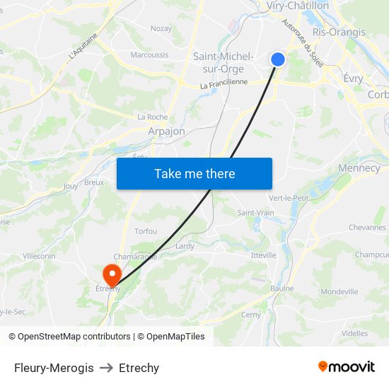 Fleury-Merogis to Etrechy map