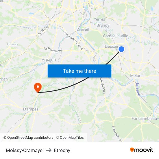 Moissy-Cramayel to Etrechy map