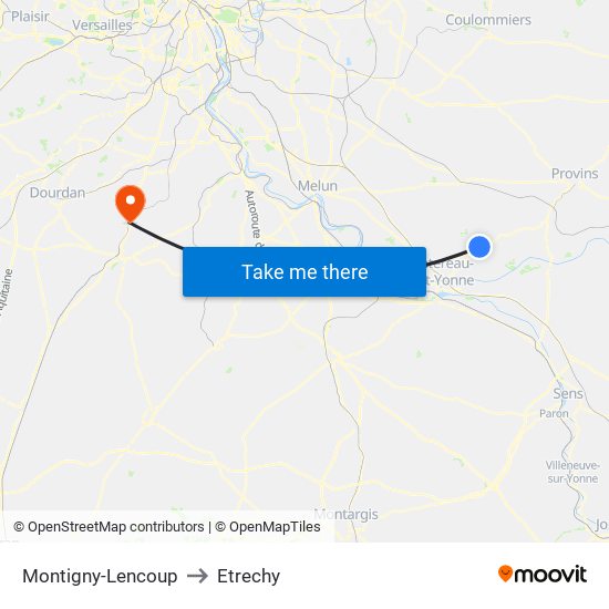 Montigny-Lencoup to Etrechy map