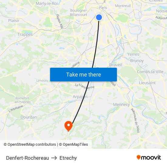 Denfert-Rochereau to Etrechy map