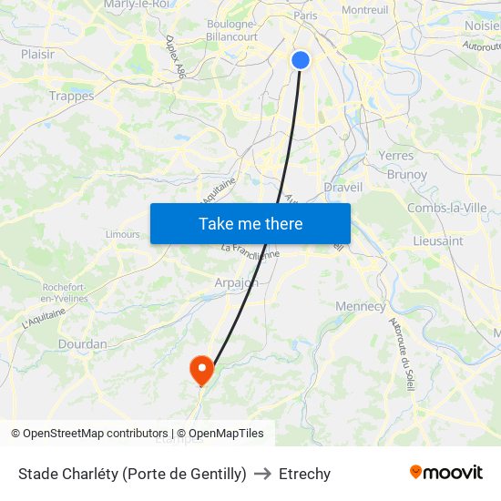 Stade Charléty (Porte de Gentilly) to Etrechy map