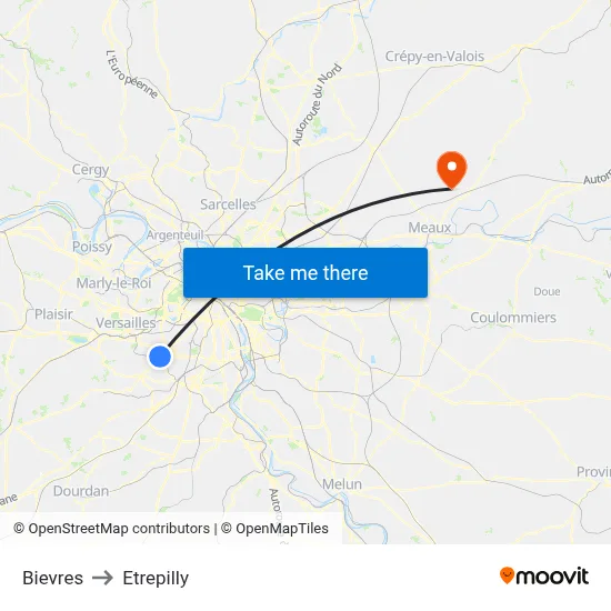 Bievres to Etrepilly map