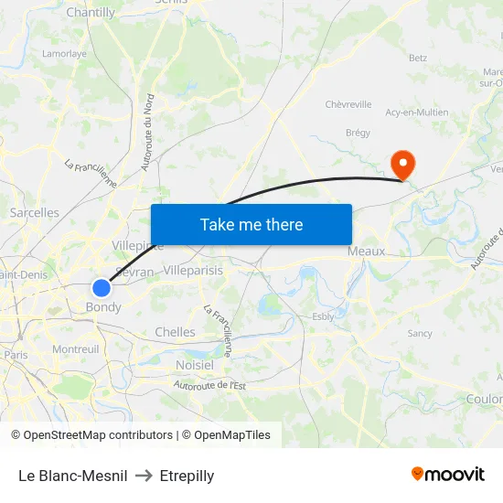 Le Blanc-Mesnil to Etrepilly map