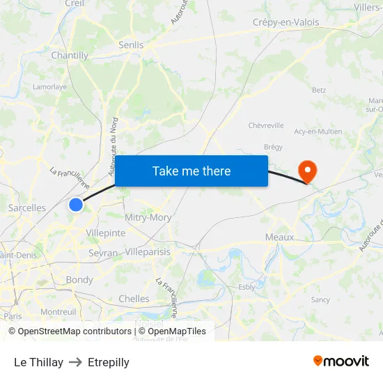 Le Thillay to Etrepilly map