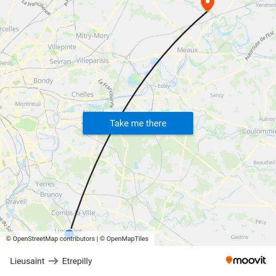 Lieusaint to Etrepilly map