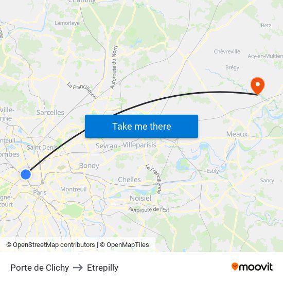Porte de Clichy to Etrepilly map
