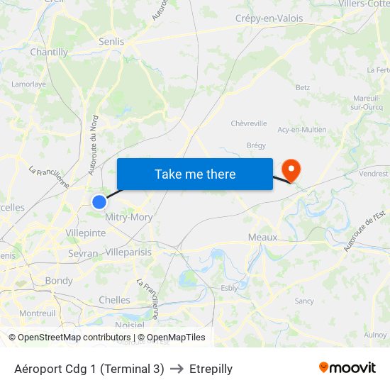 Aéroport Cdg 1 (Terminal 3) to Etrepilly map