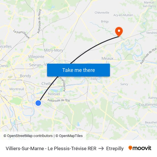 Villiers-Sur-Marne - Le Plessis-Trévise RER to Etrepilly map