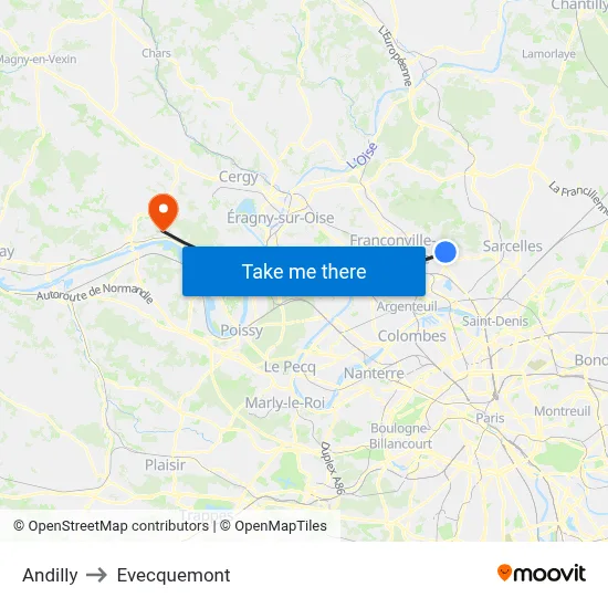 Andilly to Evecquemont map