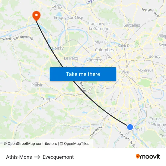 Athis-Mons to Evecquemont map