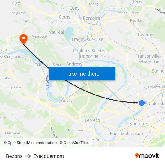 Bezons to Evecquemont map