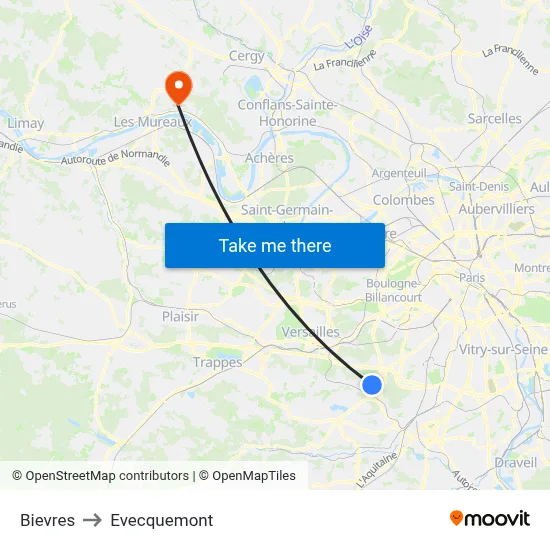Bievres to Evecquemont map
