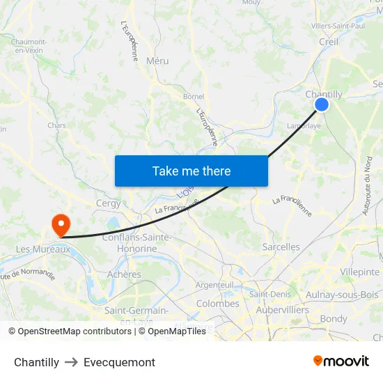 Chantilly to Evecquemont map