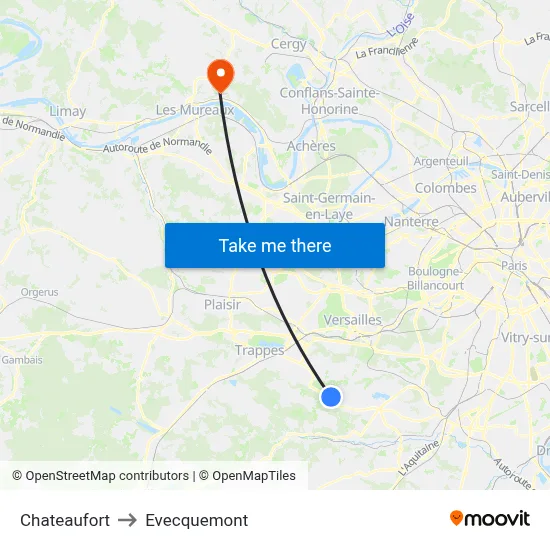 Chateaufort to Evecquemont map