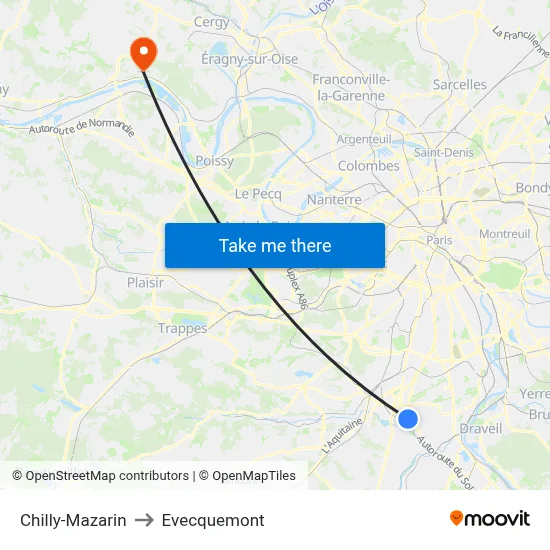 Chilly-Mazarin to Evecquemont map
