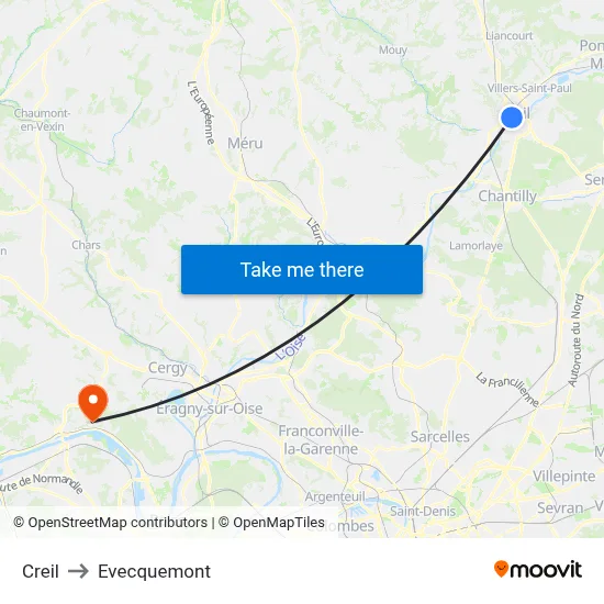 Creil to Evecquemont map
