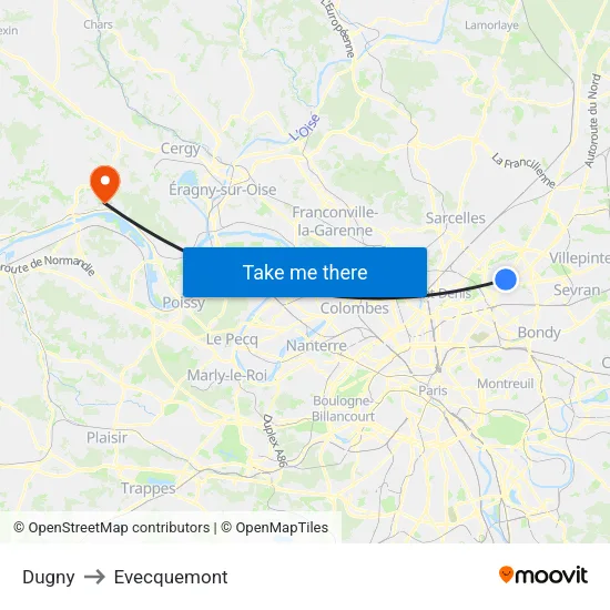 Dugny to Evecquemont map