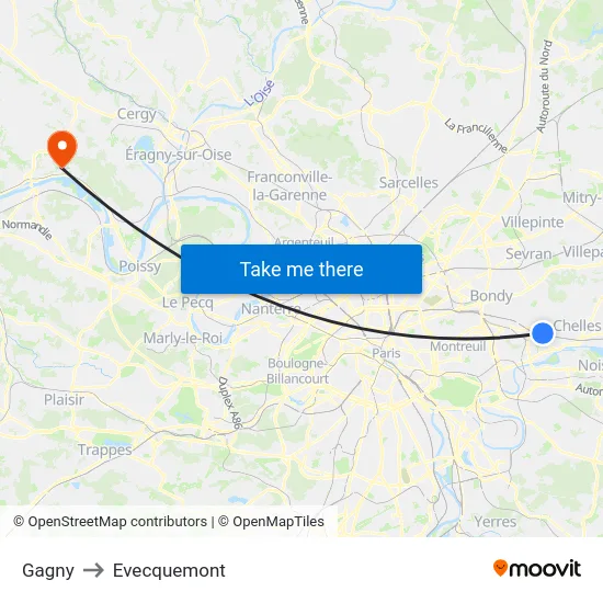 Gagny to Evecquemont map