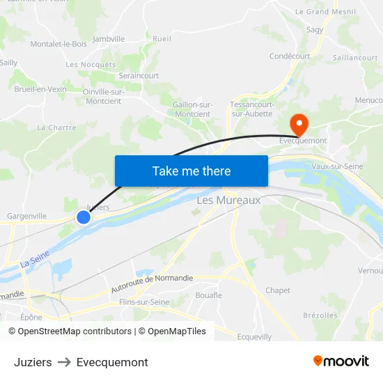 Juziers to Evecquemont map