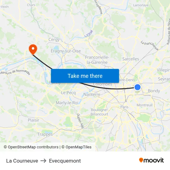 La Courneuve to Evecquemont map