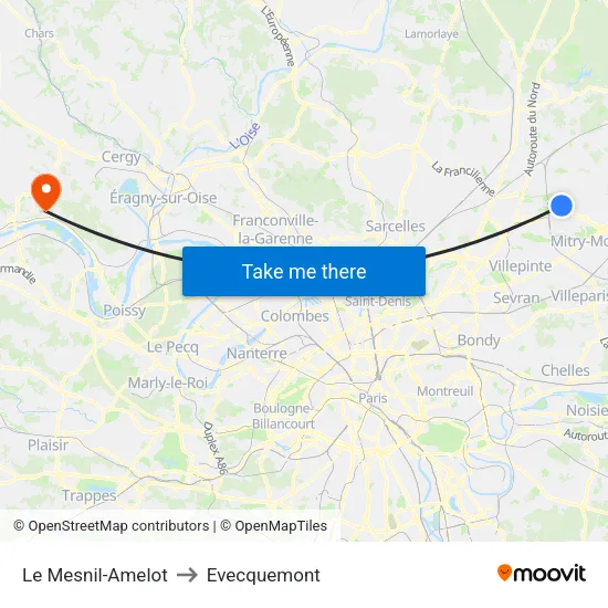 Le Mesnil-Amelot to Evecquemont map
