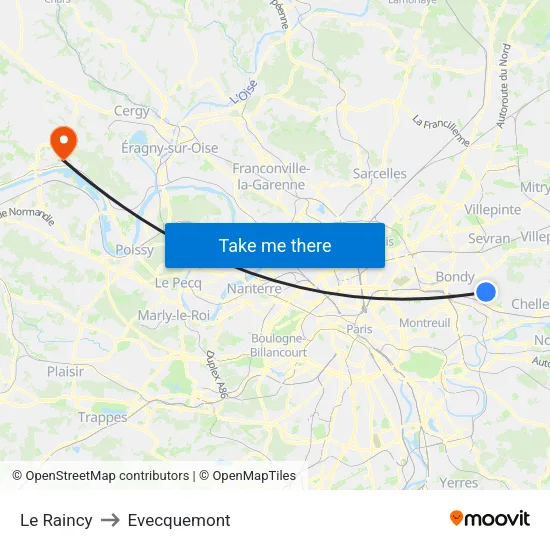 Le Raincy to Evecquemont map