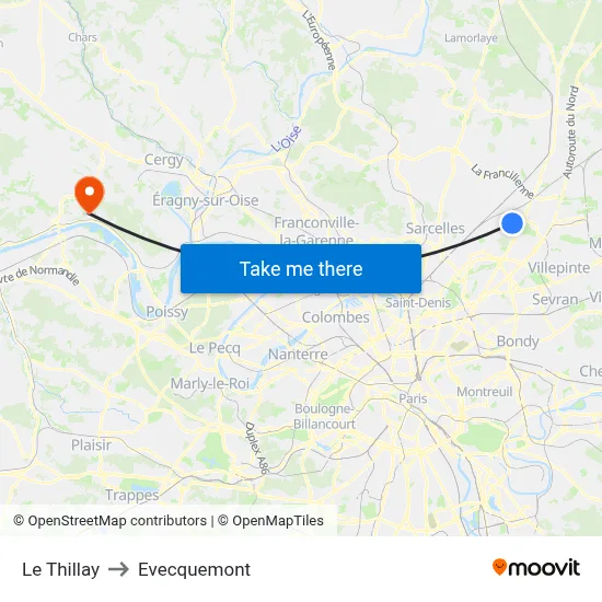 Le Thillay to Evecquemont map