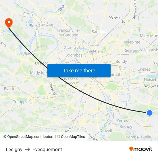 Lesigny to Evecquemont map