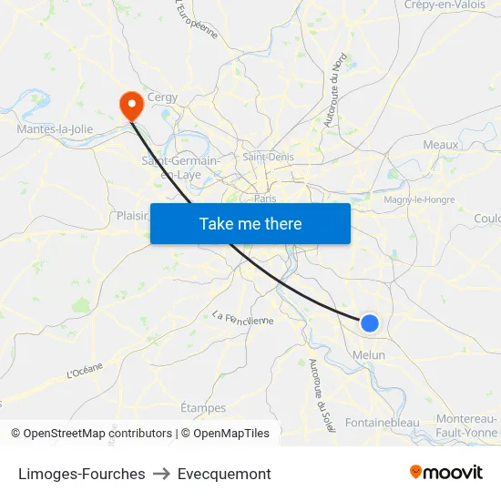 Limoges-Fourches to Evecquemont map