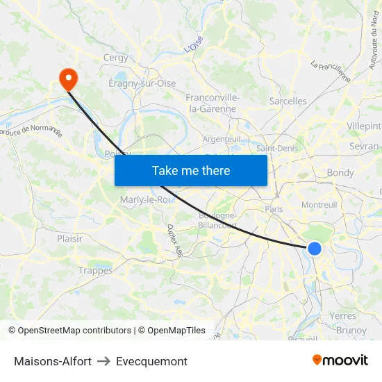 Maisons-Alfort to Evecquemont map