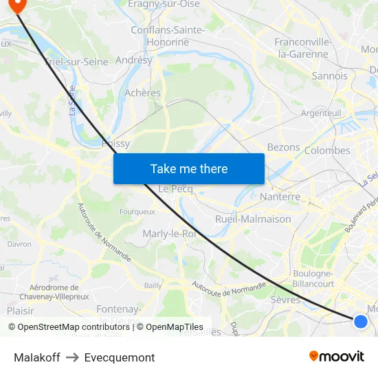 Malakoff to Evecquemont map
